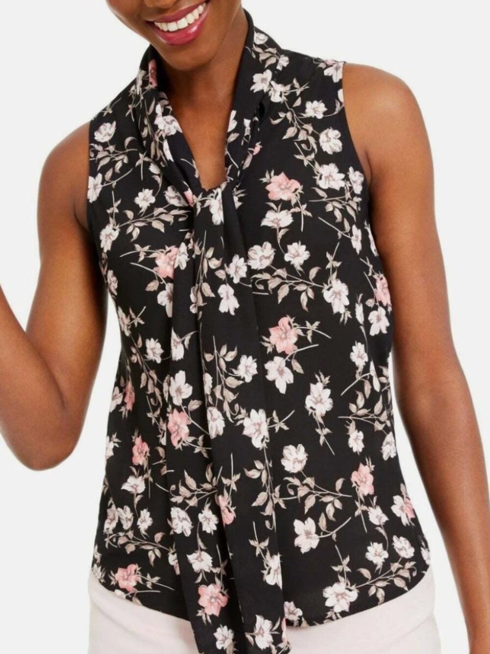 Bar III Floral Tie-Neck Sleeveless Blouse – Black – Size Medium – Like New